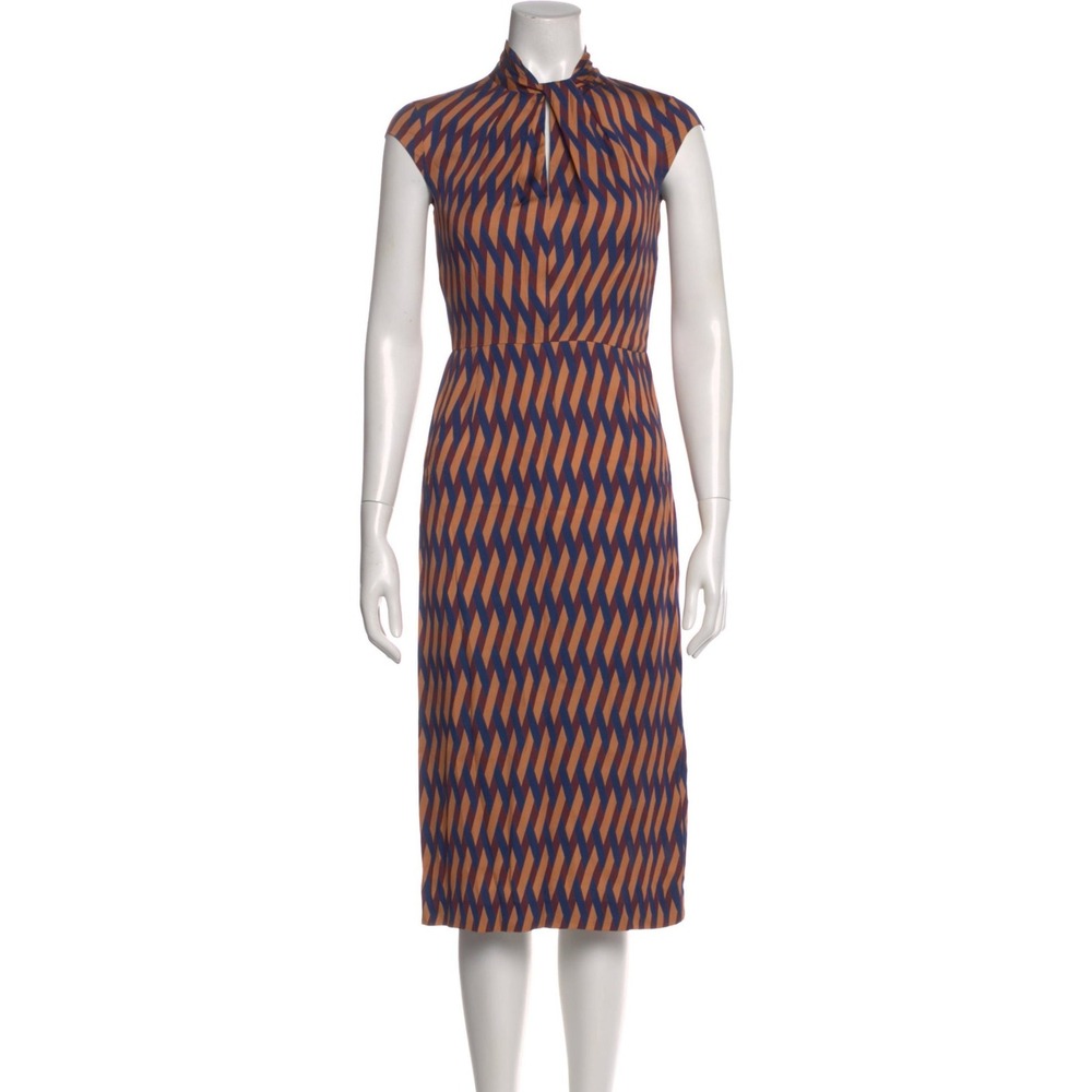 Judith & Charles Sheath Dress Womens 0 Yellow Blue Geometric Mock Neck Midi